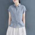 Leak Picking~Foreign Trade Cut-off Short-Sleeved Shirt for Women Summer Lapels Design Sense Loose Flying Sleeve Cotton Linen Shirt. 