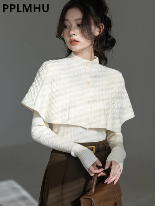 Korean%20Cloak%20Sweater%202%20Piece%20Sets%20Fall%20Winter%20Retro%20Thick%20Mock%20Neck%20Knit%20Cape%20And%20Slim%20V-neck%20Pullover%20Women%20Warm%20Sweaters%20Tops%20-%20Image%203