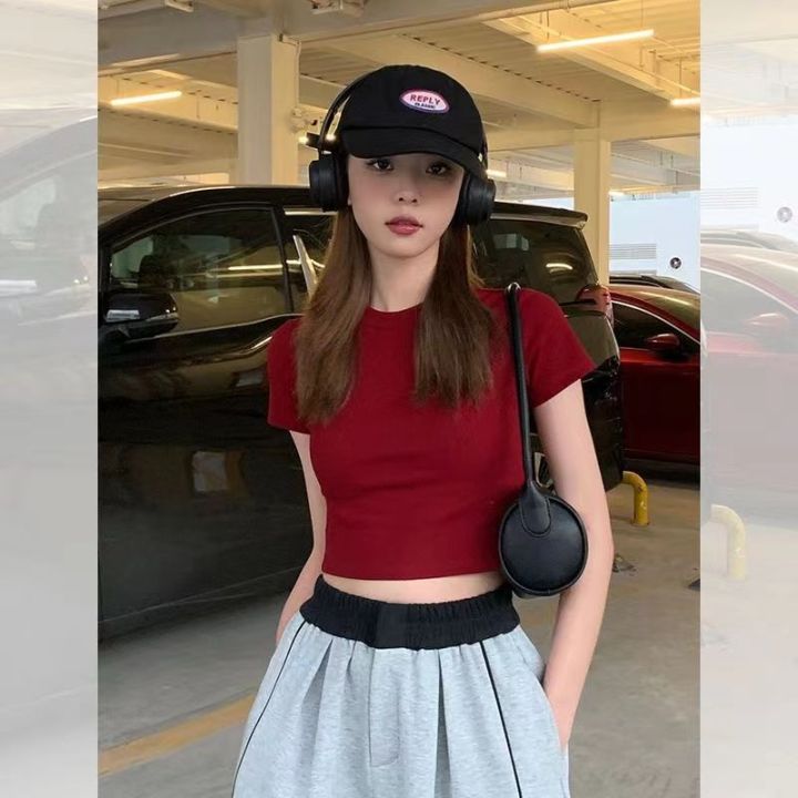 European and American Short Sleeve T Women's Summer T-shirt 2023 New Hot Girl Korean Style Slim Fit Short Exposed Navel ins Red Coat Tide