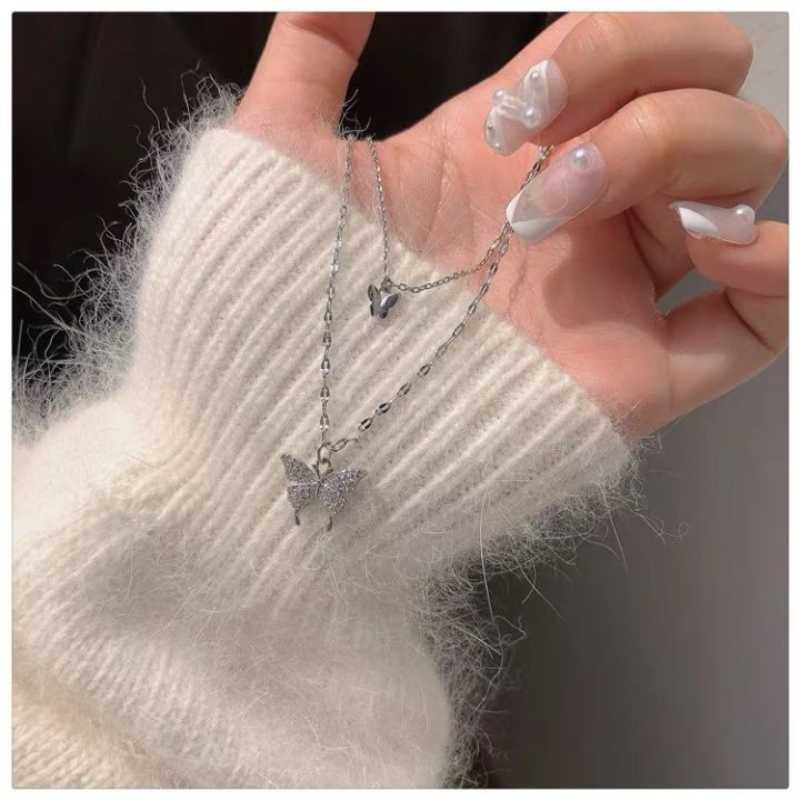 Korean%20Shiny%20Double%20Layer%20Butterfly%20Necklace%20for%20Women,%20Rhinestone%20Clavicle%20Chain,%20Elegant%20Wedding%20Jewelry%20-%20Image%204