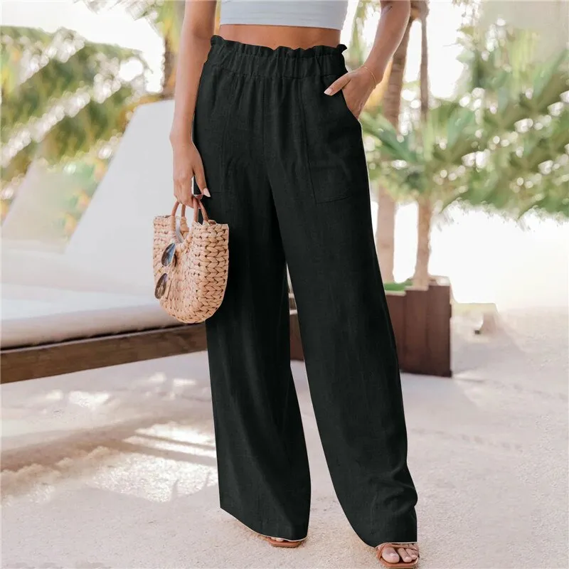 Casual Black Loose Pants Outfit Spring Autumn High Elastic Waist