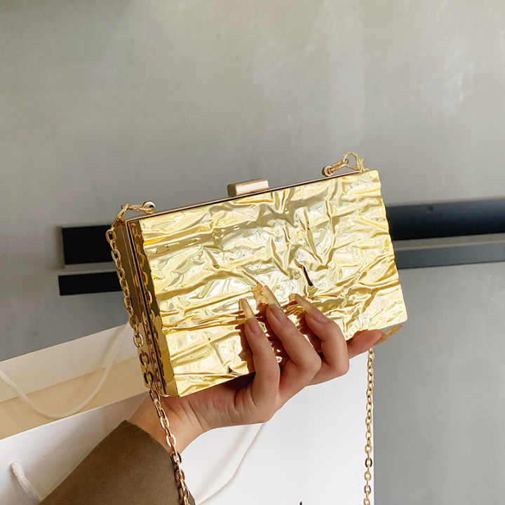 Shoulder bag, Chaoshang Ice Crack, Personality Gold Box Bag, 2022 Korean Edition, ins Internet celebrity girl, foreign hand-held oblique