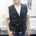 Men's Denim Vest Jacket Deep Blue Sleeveless Outerwear Waistcoat Multi-pocket Trucker Biker Jeans Sleeveless Jacket Gilet.