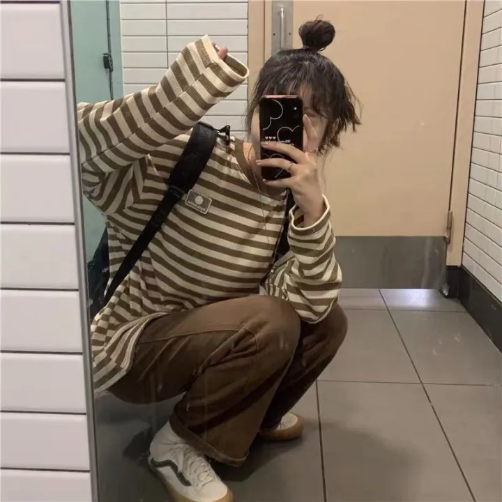 2023Spring%20and%20Autumn%20New%20Korean%20Style%20Loose%20CasualinsStriped%20Long%20SleeveTT-shirt%20Girls'%20Design%20Sense%20Niche%20Clothes%20-%20Image%204