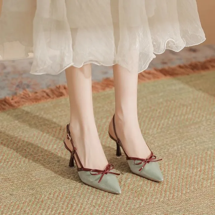Qiaoqi%20Silver%20Closed%20Toe%20Sandals%20Women's%20Pointed%20Stiletto%20Heel%20High%20Heels%202024%20Summer%20New%20Bow%20Color%20Matching%20Back%20Open%20Shoes%20-%20Image%202