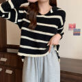 Spring and Autumn New Casual All-Match Sweater Women's Retro Short Striped Sweater polo Collar Outer Wear Long-Sleeved Sweater.
