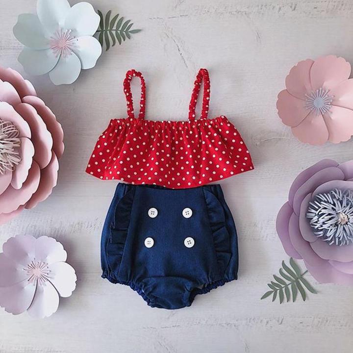 0-2T Summer Baby Clothes Set for Newborn Girls Outfits 2pcs Dot Suspender Top+Denim Bloomers Toddler Kids Infant Clothing Set