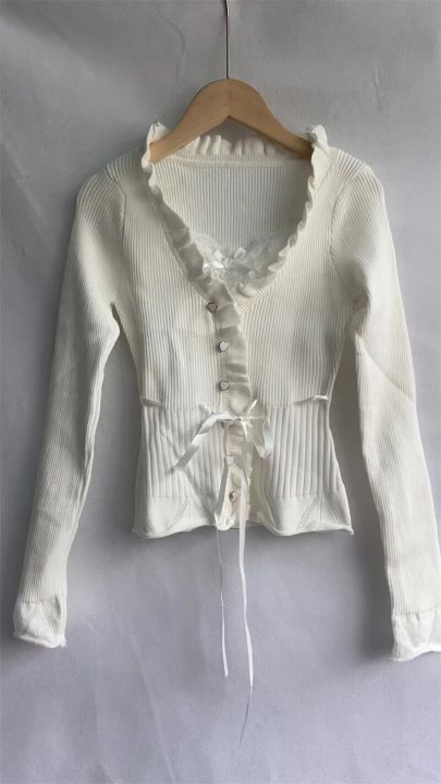Sweet%20Cardigan%20for%20Women%20Lace%20Ruffles%20Bandage%20Tops%20Y2K%20Clothes%20Sueter%20Mujer%20Tunic%20Pink%20Cardigans%20Pull%20Femme%20Knit%20Cropped%20Sweater%20-%20Image%205