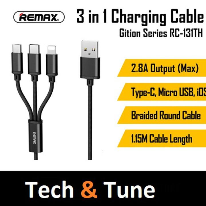 Remax RC-131TH 3in1 2.8A Fast Charging USB Data Cable Micro USB iPhone 8 Pins & Type-C