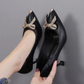 women's shoes Spring/Fall 2022 New medium heel black leather shoes professional high heels stiletto single shoes for women. 