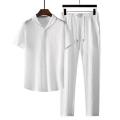 2Pcs/Set Summer Men's Suit Elastic Waistband Pleated Casual Outfit Men Business Short Sleeve Shirts Long Pants Set Male Clothing. 