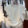 European and American Solid Color Shoulder T T-shirt Short-Sleeved Women's Summer Slim-Fit Chic Short Waist Easy Matching Waisted Gray Top.