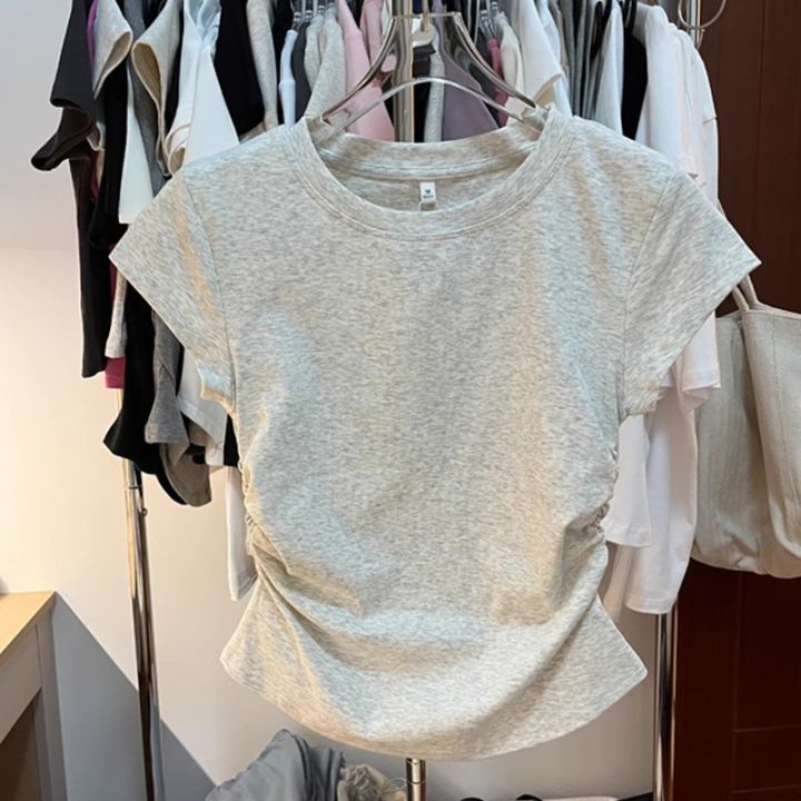 European%20and%20American%20Solid%20Color%20Shoulder%20T%20T-shirt%20Short-Sleeved%20Women's%20Summer%20Slim-Fit%20Chic%20Short%20Waist%20Easy%20Matching%20Waisted%20Gray%20Top%20-%20Image%202
