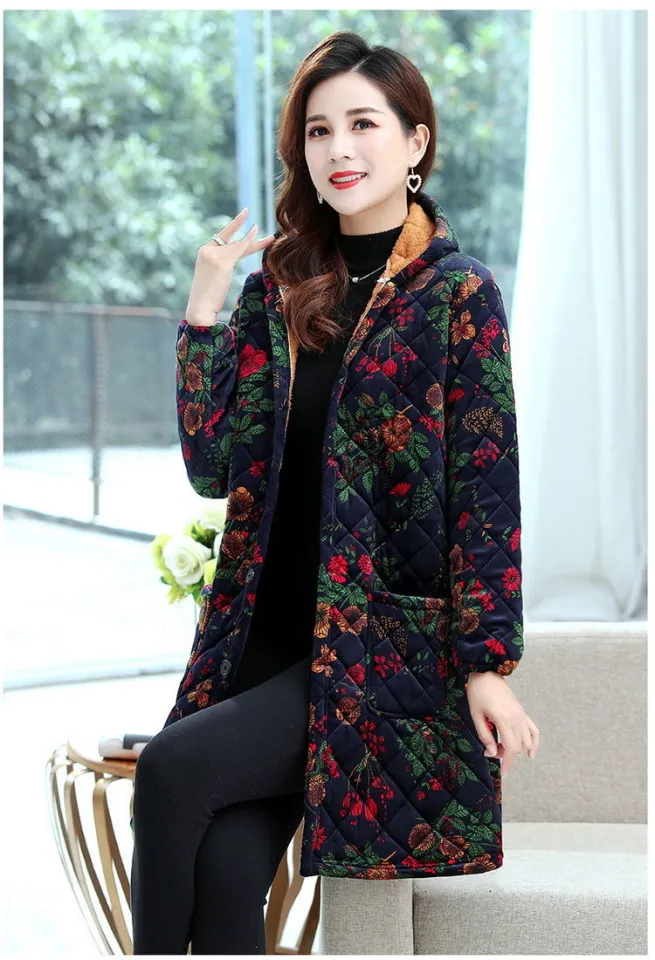 winter dress in bd Middle-Aged and Elderly Women's Clothes Mid-Length Cotton Clothing plus Size Mother Cotton-Padded Clothes Old Grandma plus Velvet Flower Cotton Coat Jacket Suave - Black Formal BRA-BACK Size:EU 25/UK 8/US 9