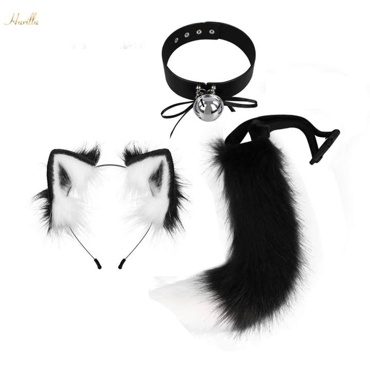Animals Ears and Tail Cat Ear Hair Band Lovely Cat Ear and Long Tail Black White