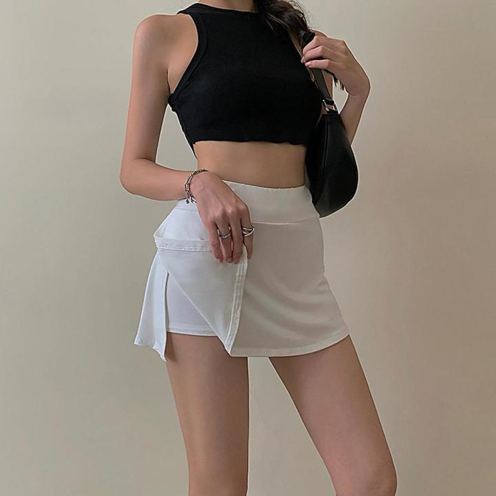 Women Tennis Mini Skirt, Solid Color High-Waist Wrap Skirt Miniskirt with  Lining Shorts for Girls, White/Black/Khaki/Gray