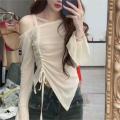 2023 autumn and winter new women's strap drawstring hot girl style solid color off-neck irregular outer wear women's T-shirt top.