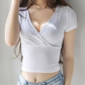 BIGSWEETY Deep V Neck Tops For Women Summer Casual Short Sleeve Slim Fitted Bodycon Wrap Crop Tops T Shirts Blouse.