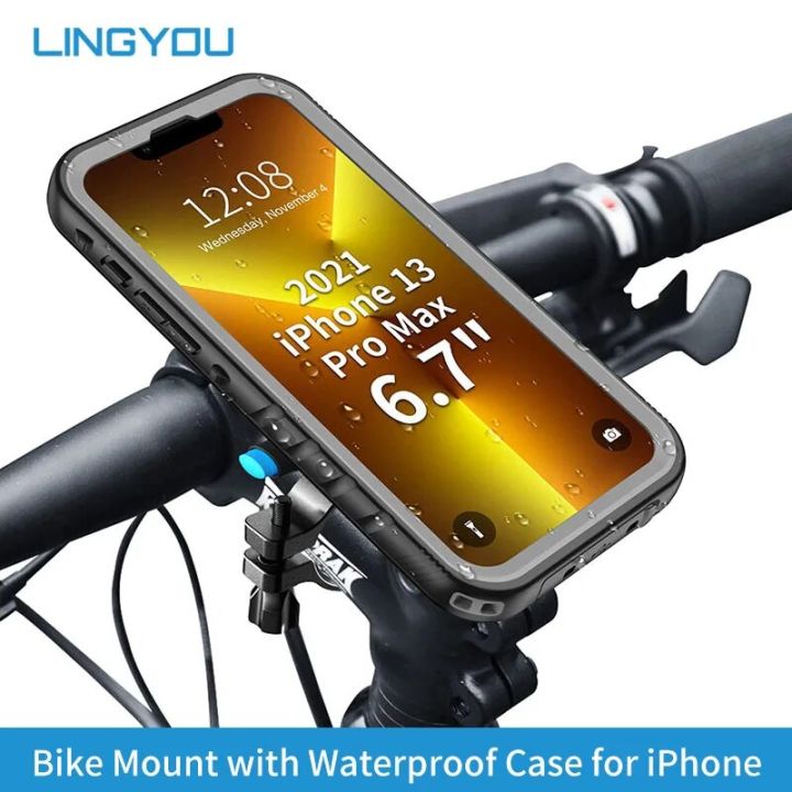 LINGYOU Metal Bike Phone Mount for iPhone 15 14 13 12 11 Pro Max SE2 7 8 XR Waterproof Case Cycling Bicycle Handlebars Holder