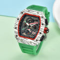 Richard sports hollowed out watch barrel shaped wood grain flower ghost head timing six needle quartz watch alloy silicon tape.