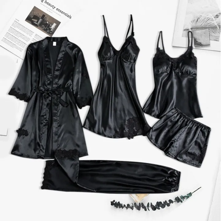 5pcs%20Silk%20Robe%20Set%20Women%20Lace%20Pajamas%20Gown%20Set%20V-Neck%20Nighties%20Wear%20Home%20Nightwear%20Pijama%20Sleepsuit%20Spring%20Nightdress%20-%20Image%206