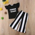 New Fashion Toddler Girls Kids Tops Letter Print T Shirt Bell Bottom Black White Pants Trousers Outfits Set Clothes. 