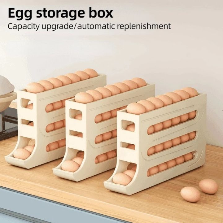 4 Tiers Egg Holder for Fridge 26 Eggs Auto Rolling Egg Dispenser, Space-Saving Egg Dispenser Holder (Yellow)-DS Mart