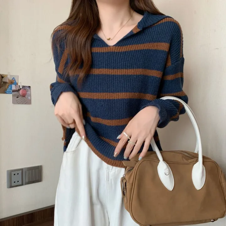 Spring%20and%20Autumn%20New%20Casual%20All-Match%20Sweater%20Women's%20Retro%20Short%20Striped%20Sweater%20polo%20Collar%20Outer%20Wear%20Long-Sleeved%20Sweater%20-%20Image%204