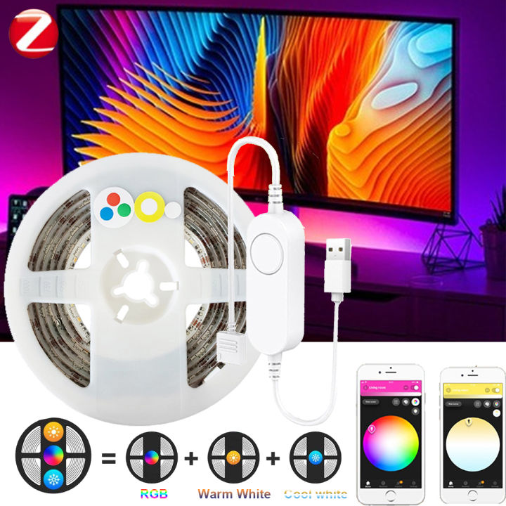 ZigBee RGBCCT Controller 2M Waterproof LED Strip Light Kit, USB 5V 6.6Ft RGBCCT LED TV Backlight, RGBW Color Changing And Dual White ZigBee Light Link App Smart Bias Lighting Echo Plus