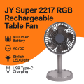 JY Super 2217 RGB Rechargeable Table Fan – 4000mAh Battery | AC/DC | Stylish LED Light.