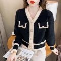 Cardigan Sweater Women's 2023 Spring and Autumn New Style Small Fragrant V-neck Coat Short Western-style Bottom Shirt Top.