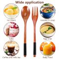 Wooden Spoons Forks Set Japanese Style Wooden Utensils Set for Eating Wood Flatware Set Reusable (Black Cords,10 Pieces).