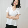 【100%Cotton Slub Cotton】Summer New Short SleeveTT-shirt Women's Korean-Style Large Size Loose All-MatchingV-Neck Top.