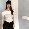 Hot Girl Style off-Shoulder off-Shoulder Short Sleeve T Women's Summer T-shirt 2024 New Pure Desire Black Slim-Fit Crop-Top. 