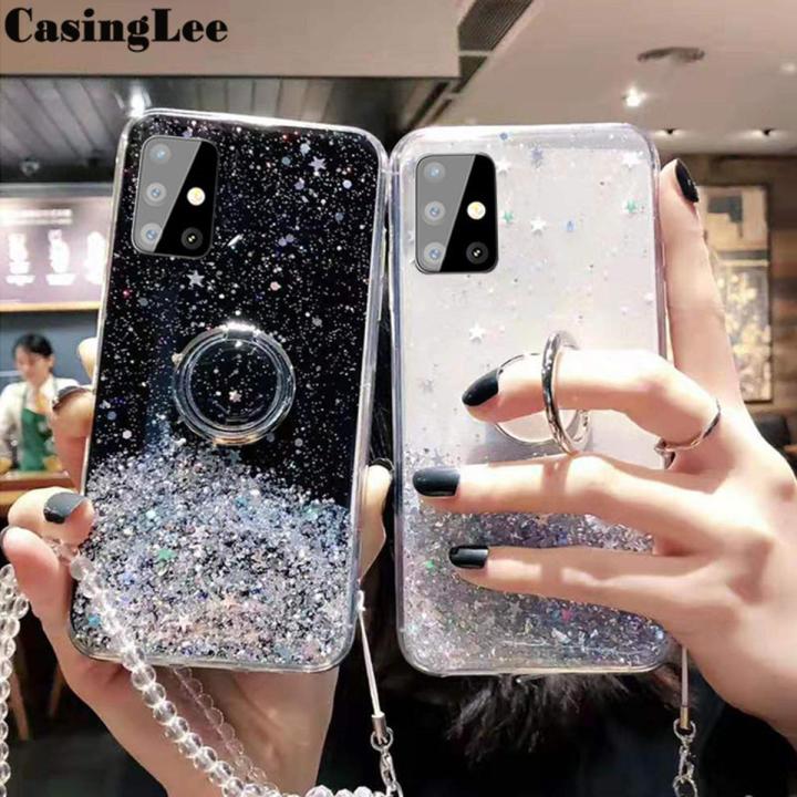 Casinglee for Galaxy A31 case Shiny Ring Glitter Soft Transparent Holder  Stand Back cover with String for Samsung Galaxy A31 Phone cases cover Stars 