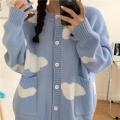 Spring and Autumn Korean Style ins Sweet Blue Sky and White Clouds Knitted Cardigan for Women Idle Style Loose round Neck Student Sweater Coat. 