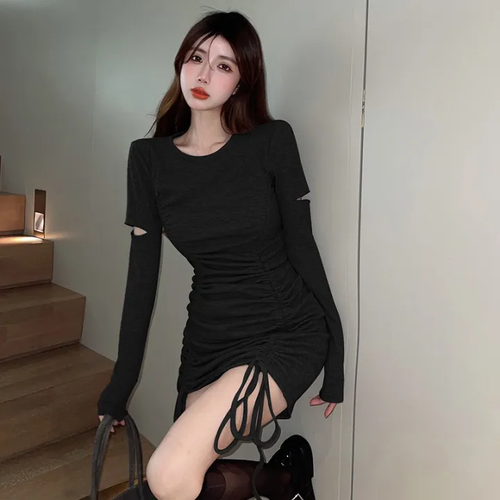 Fashion%20Drawstring%20Pleated%20Design%20Autumn%20Temperament%20Street%20Style%20Solid%20Color%20Tight-Fitting%20Dress%20Long-Sleeved%20-%20Image%206