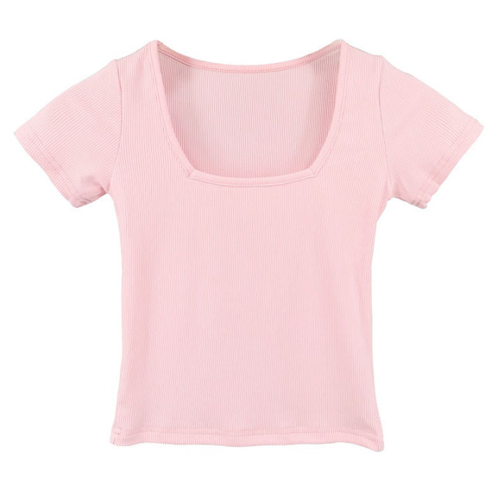 Women's%20New%20Short%20Midriff%20Outfit%20Slim-Fit%20Sexy%20Figure%20Flattering%20T%20T-shirt%20Low-Cut%20Square%20Collar%20Show%20Chest%20Large%20Upper%20Garment%20-%20Image%205