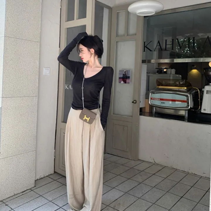 Pure%20Desire%20Style%20ShoulderVCollar%20Long%20SleeveTT-shirt%20Women's%20Spring%20and%20Autumn%20Thin%20Hot%20Girl%20Slim%20Fit%20Slimming%20Basic%20Black%20Primer%20Top%20-%20Image%203