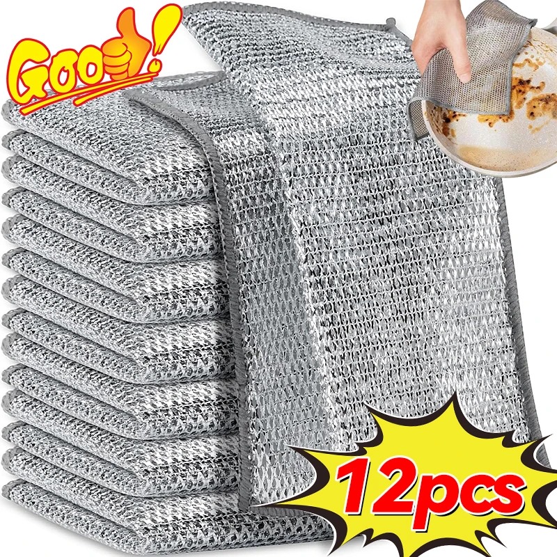 12 Pcs Magic Cleaning Cloth Kitchen Dishwashing Towel Metal Steel Wire Cleaning Rag For Dish Pot Cleaning Tools - NR Mart - Dish Cloth & Towels