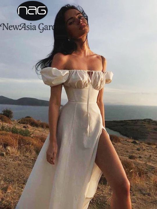 NewAsia Puff Sleeve White Dress Off Shoulder Cut out Tie up Side