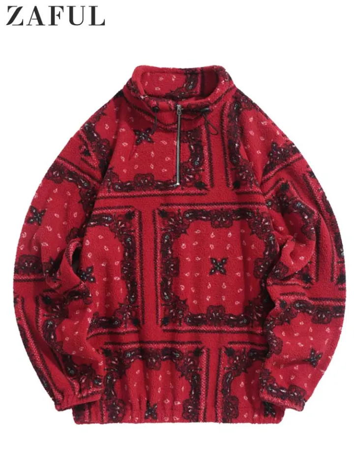 ZAFUL Hoodie for Men Fuzzy Faux Sherpa Zipper Sweatshirts Ethnic