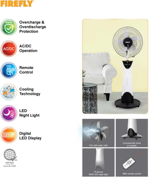 Disnie DMS-16R 16″ Rechargeable Mist Fan with Digital Display and LED Night Light with Remote