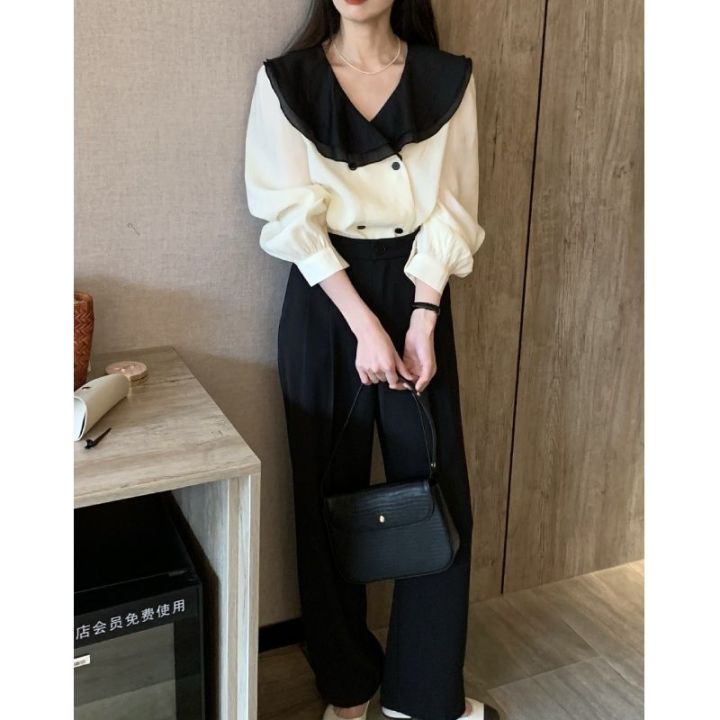 Korean%20Style%20Contrast%20Color%20Double%20Doll%20Collar%20Shirt%20Women's%20Spring%20New%20Pleated%20Chiffon%20Shirt%20Top%20-%20Image%202