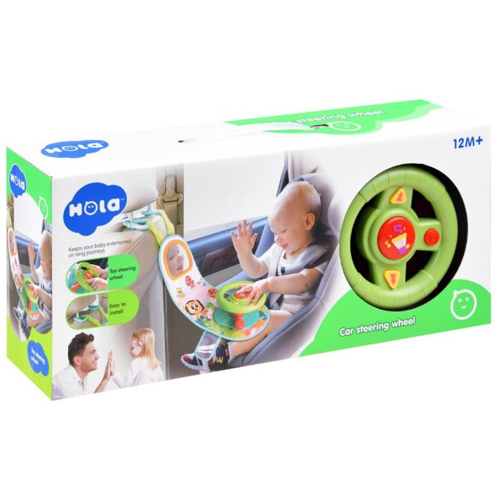 Children's interactive steering wheel on the front seat for a car with HOLA melodies