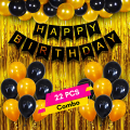 Golden Glow Birthday Comb- Black Paper Banner, Golden Foil Curtains, and a Radiant Mix of Metallic Balloons in Golden & Black - Complete 22-Piece Party Decor Set. 