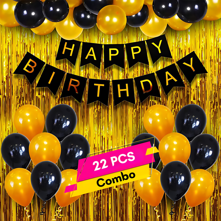 Golden Glow Birthday Comb- Black Paper Banner, Golden Foil Curtains, and a Radiant Mix of Metallic Balloons in Golden & Black - Complete 22-Piece Party Decor Set