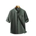 Cross-border new summer men's cotton and linen crepe solid color men's shirt Chinese style stand collar casual men's loose shirt. 