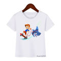 Cute Boys Girls Kawaii Sharking with Sharkdog Cartoon Print Children'S Tshirt Summer Baby Clothes White Short Sleeve Tops. 