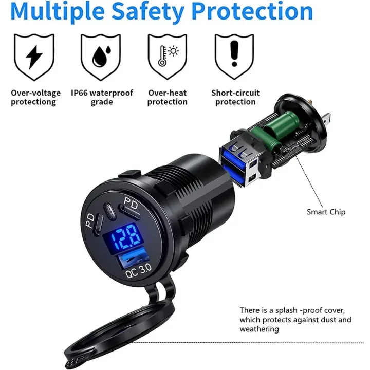 12V/24V%20USB%20Outlet%20108W%203%20Port%20Dual%20PD%2045W%20USB%20C%20Car%20Charger%20Socket%20and%20Quick%20Charge%203.0%20USB%20Charger%20with%20Voltmeter%20Power%20Switch%20-%20Image%204